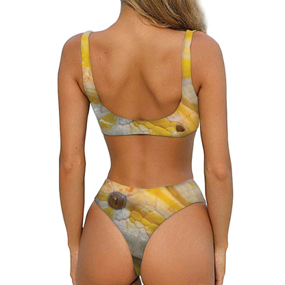 Yellow And White Python Snake Print Front Bow Tie Bikini