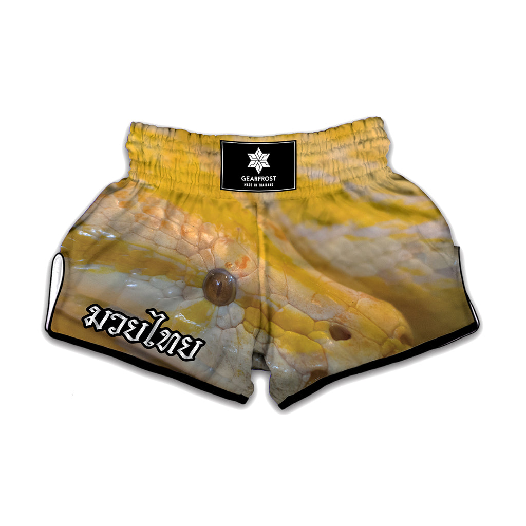 Yellow And White Python Snake Print Muay Thai Boxing Shorts