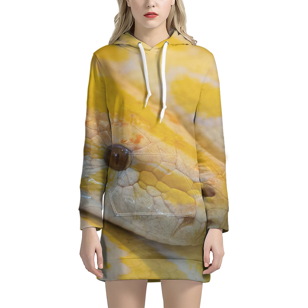 Yellow And White Python Snake Print Pullover Hoodie Dress