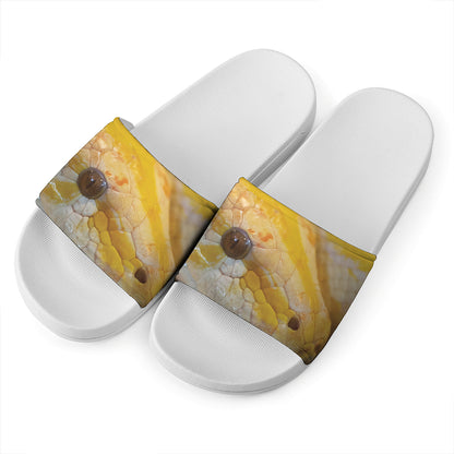 Yellow And White Python Snake Print White Slide Sandals
