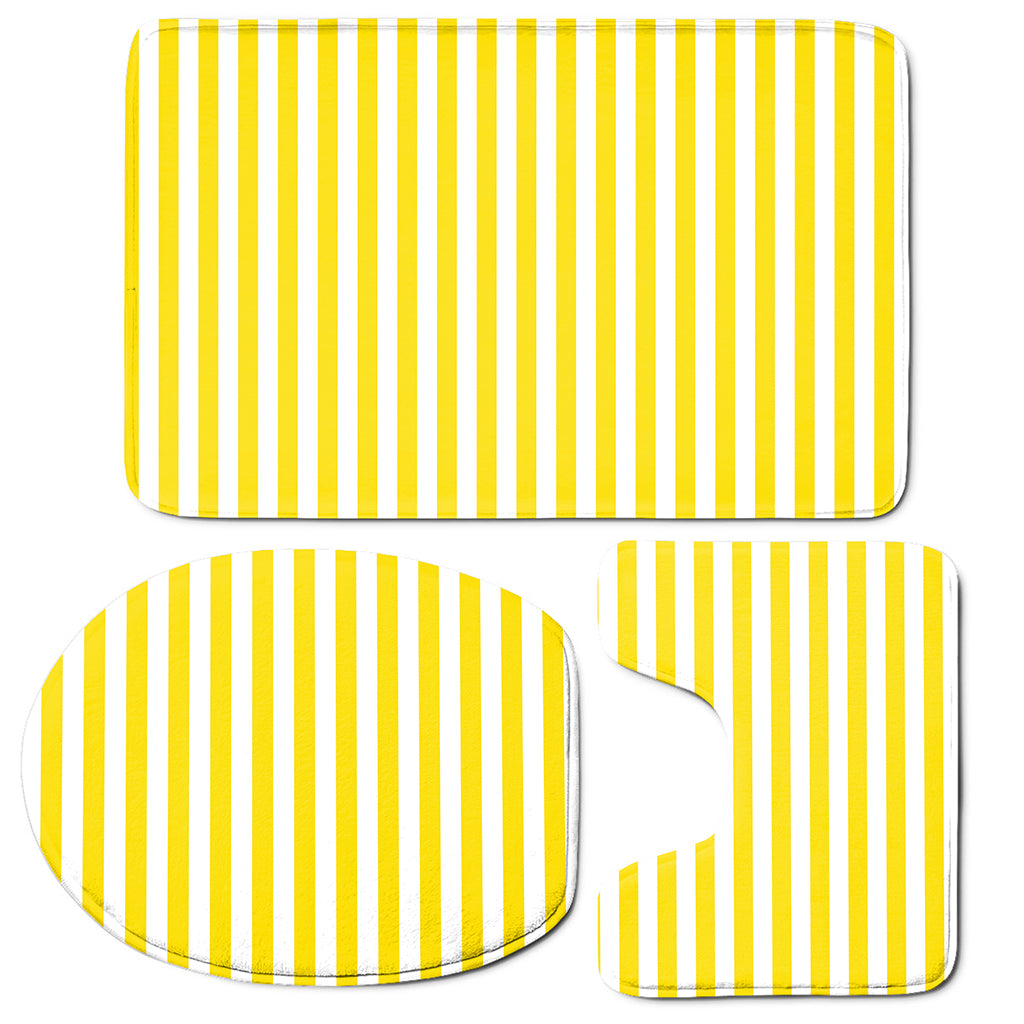 Yellow And White Striped Pattern Print 3 Piece Bath Mat Set