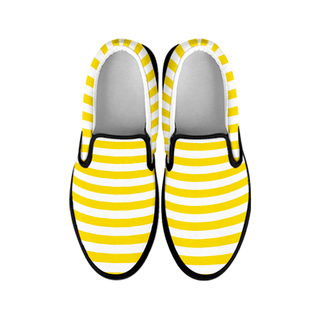 Yellow And White Striped Pattern Print Black Slip On Shoes