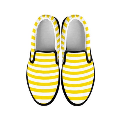 Yellow And White Striped Pattern Print Black Slip On Shoes