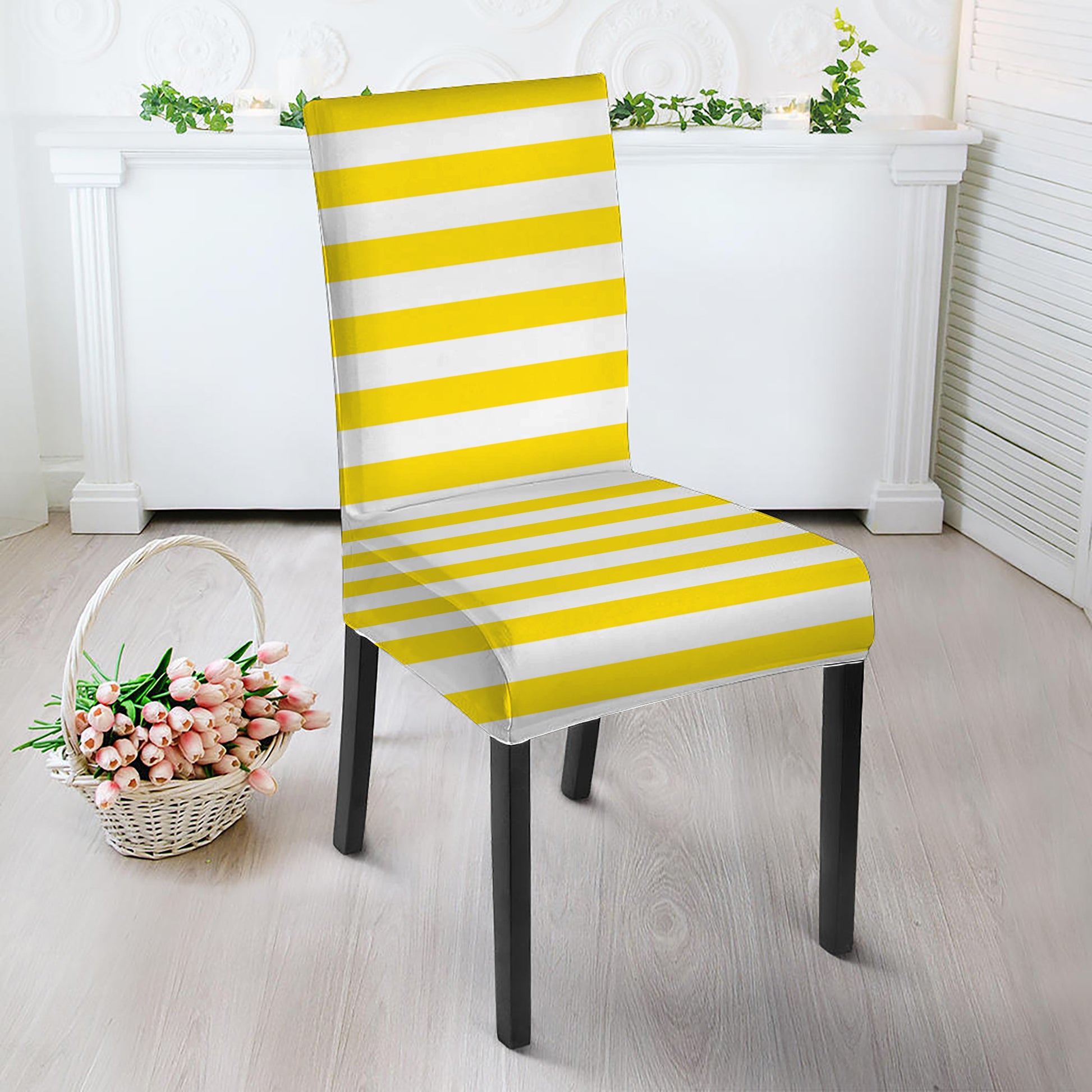 Yellow And White Striped Pattern Print Dining Chair Slipcover