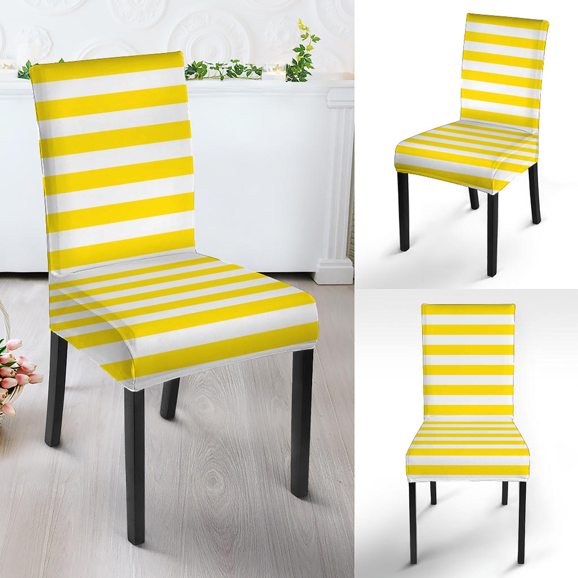 Yellow And White Striped Pattern Print Dining Chair Slipcover