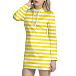 Yellow And White Striped Pattern Print Hoodie Dress