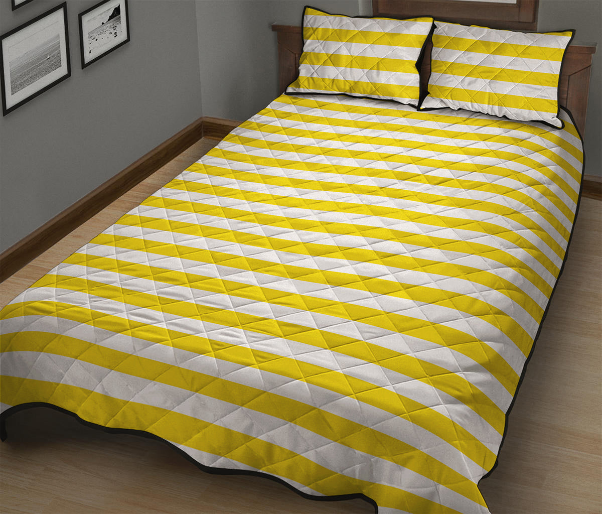 Yellow And White Striped Pattern Print Quilt Bed Set