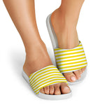 Yellow And White Striped Pattern Print White Slide Sandals