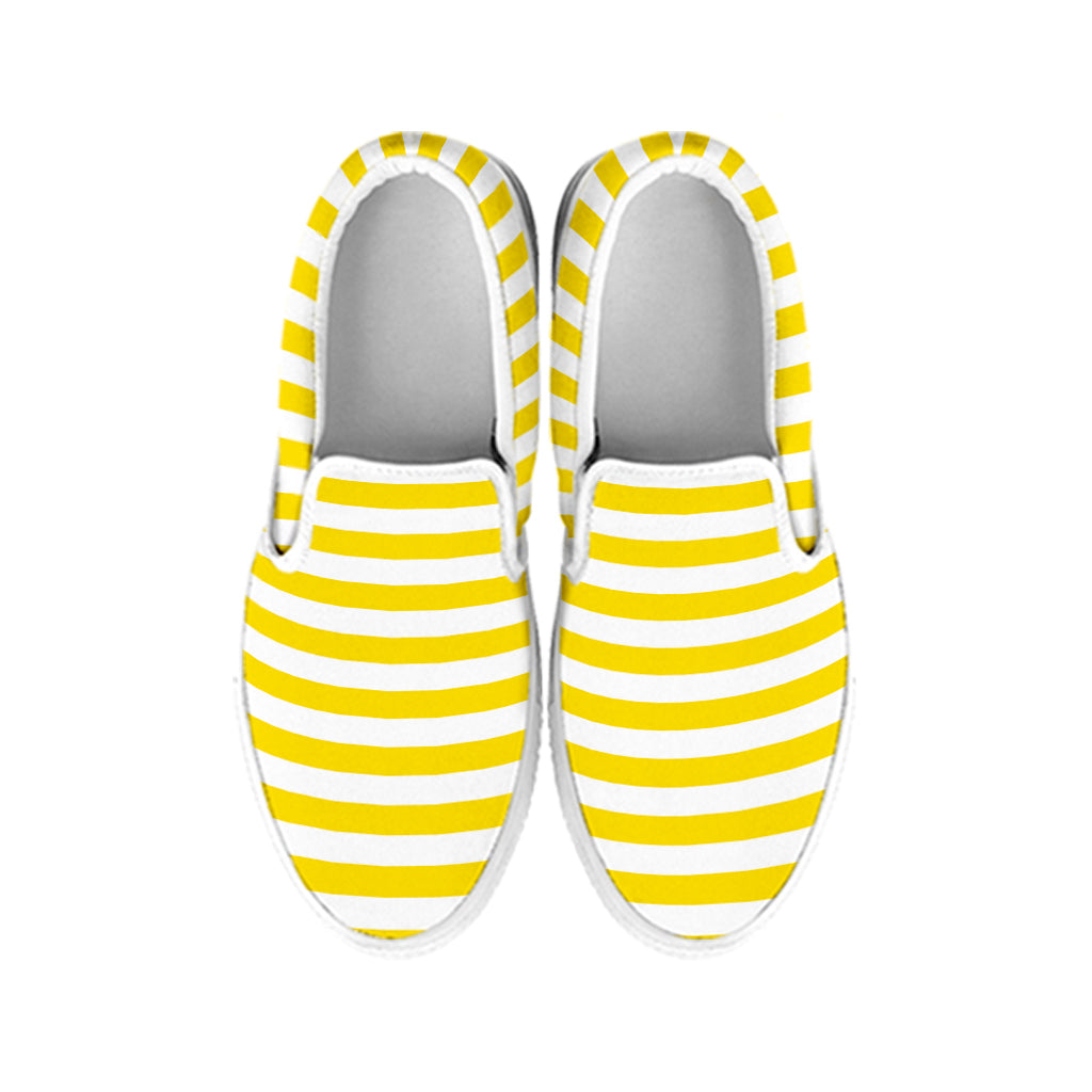 Yellow And White Striped Pattern Print White Slip On Shoes