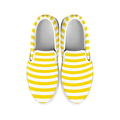 Yellow And White Striped Pattern Print White Slip On Shoes
