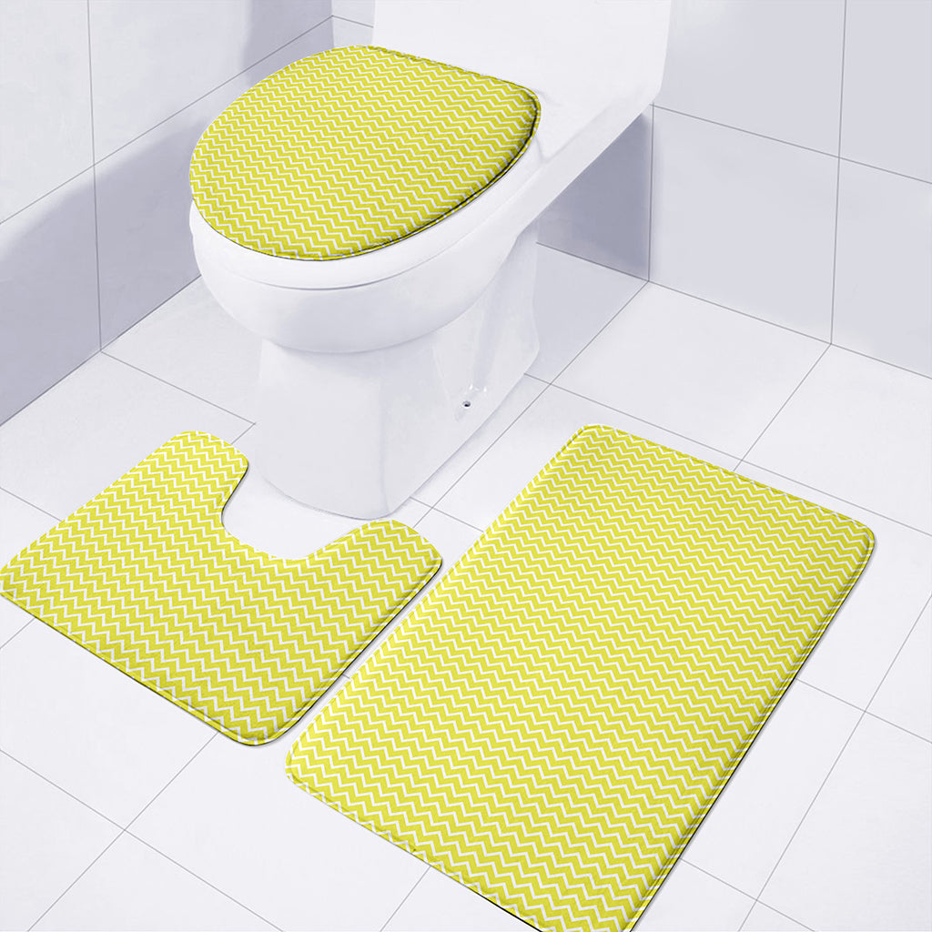 Yellow And White Zigzag Pattern Print 3 Piece Bath Mat Set