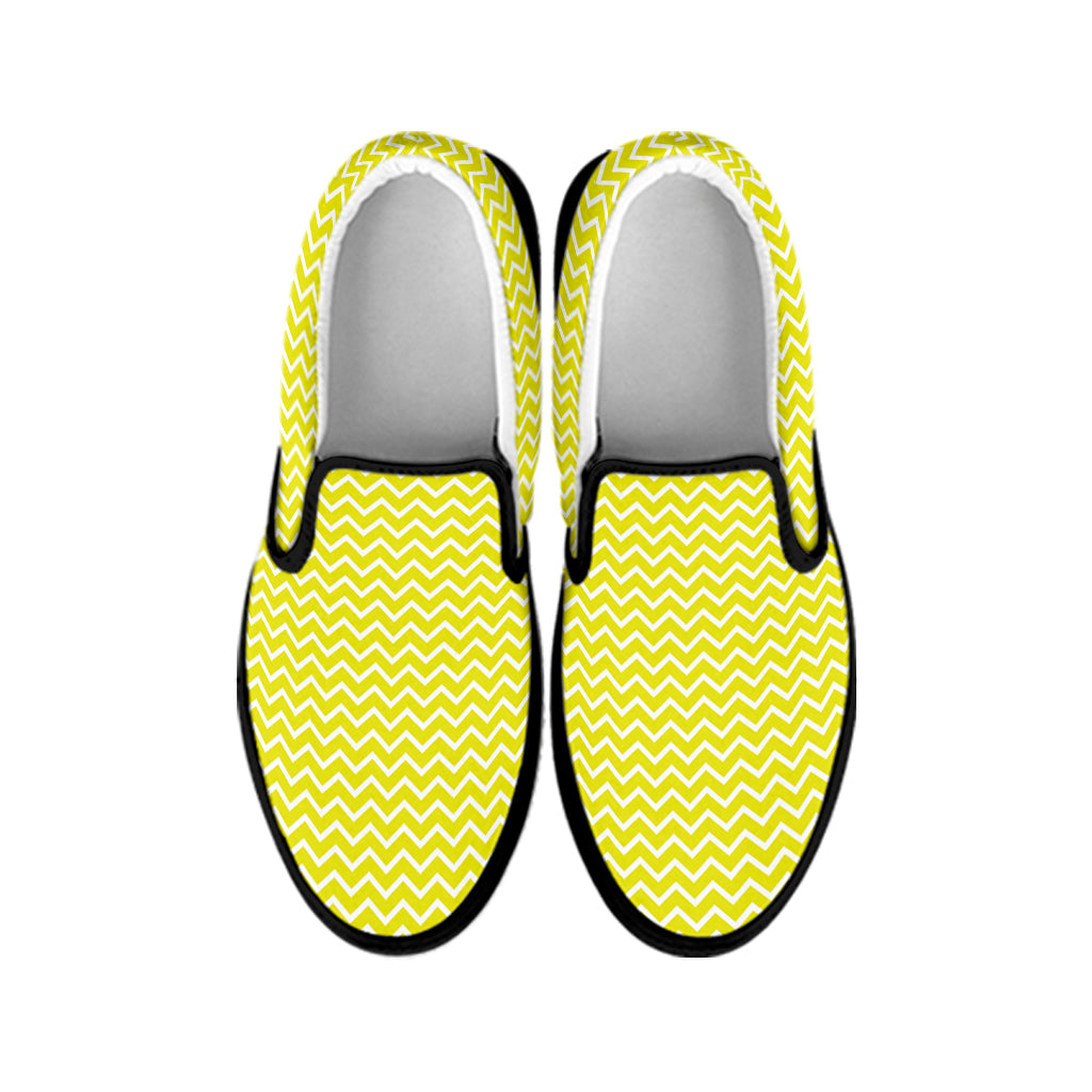 Yellow And White Zigzag Pattern Print Black Slip On Shoes