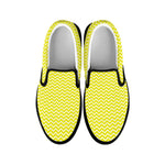 Yellow And White Zigzag Pattern Print Black Slip On Shoes