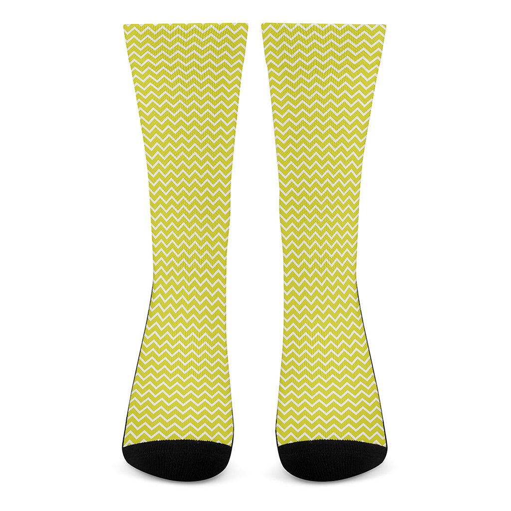 Yellow And White Zigzag Pattern Print Crew Socks