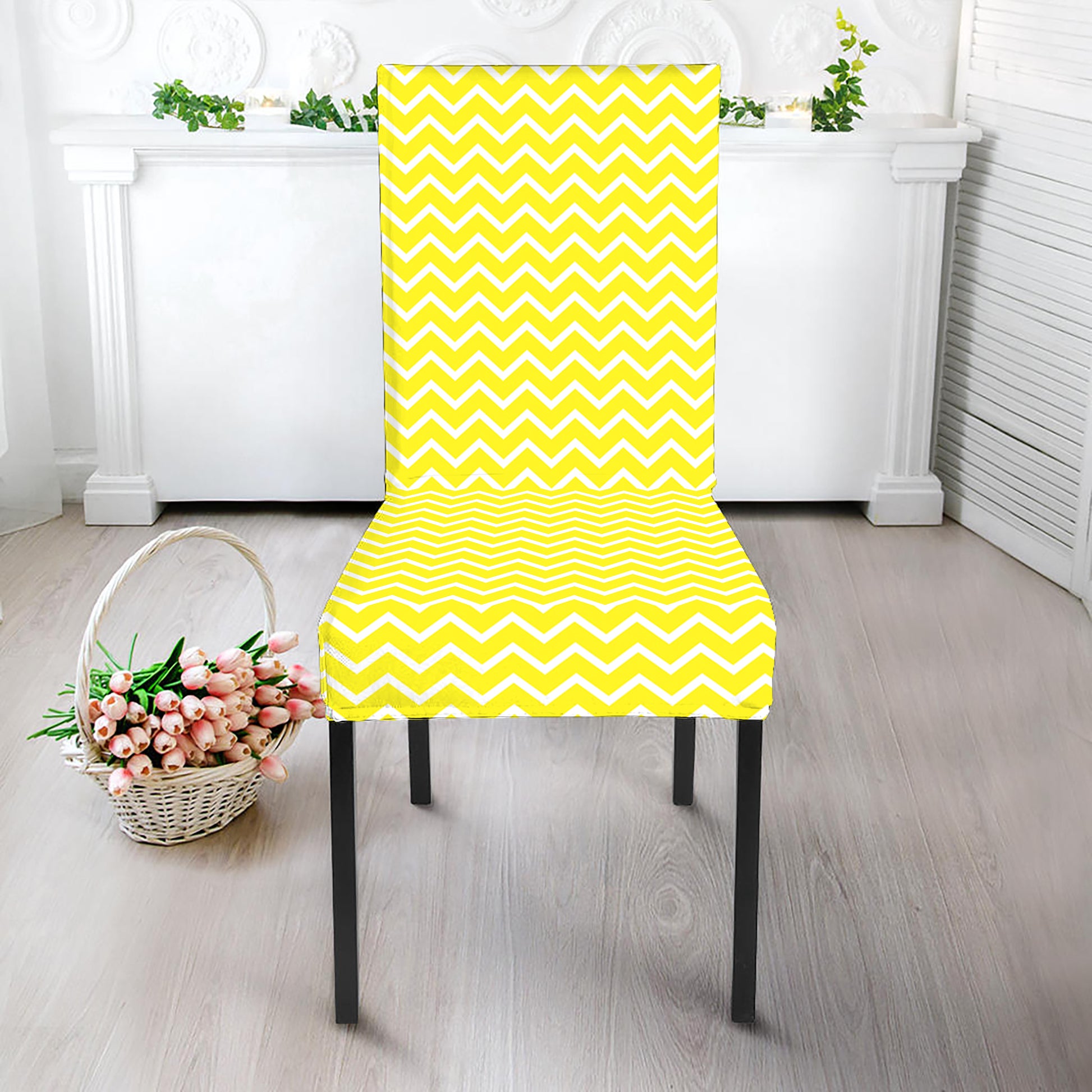 Yellow And White Zigzag Pattern Print Dining Chair Slipcover