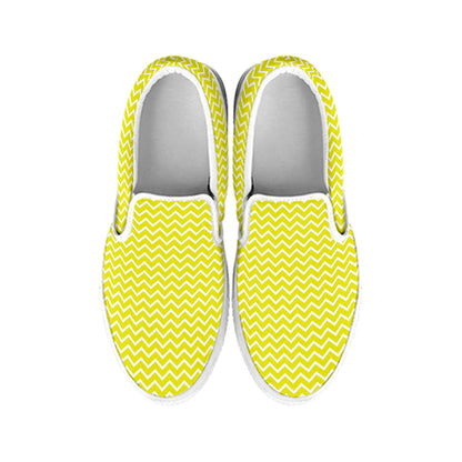 Yellow And White Zigzag Pattern Print White Slip On Shoes