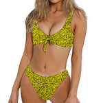 Yellow Banana Pattern Print Front Bow Tie Bikini