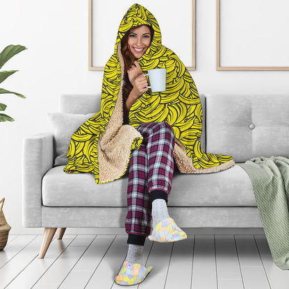 Yellow Banana Pattern Print Hooded Blanket
