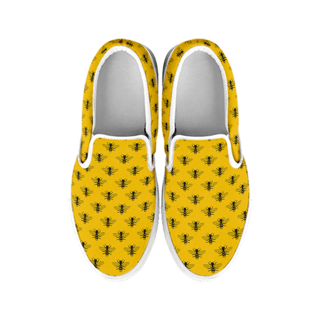 Yellow Bee Pattern Print White Slip On Shoes