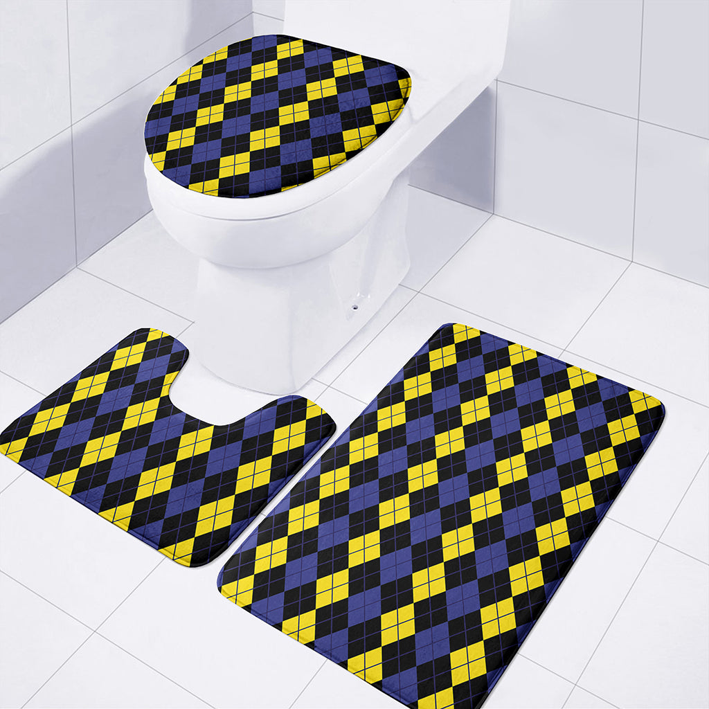 Yellow Black And Blue Argyle Print 3 Piece Bath Mat Set