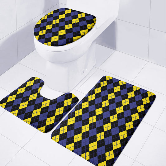 Yellow Black And Blue Argyle Print 3 Piece Bath Mat Set