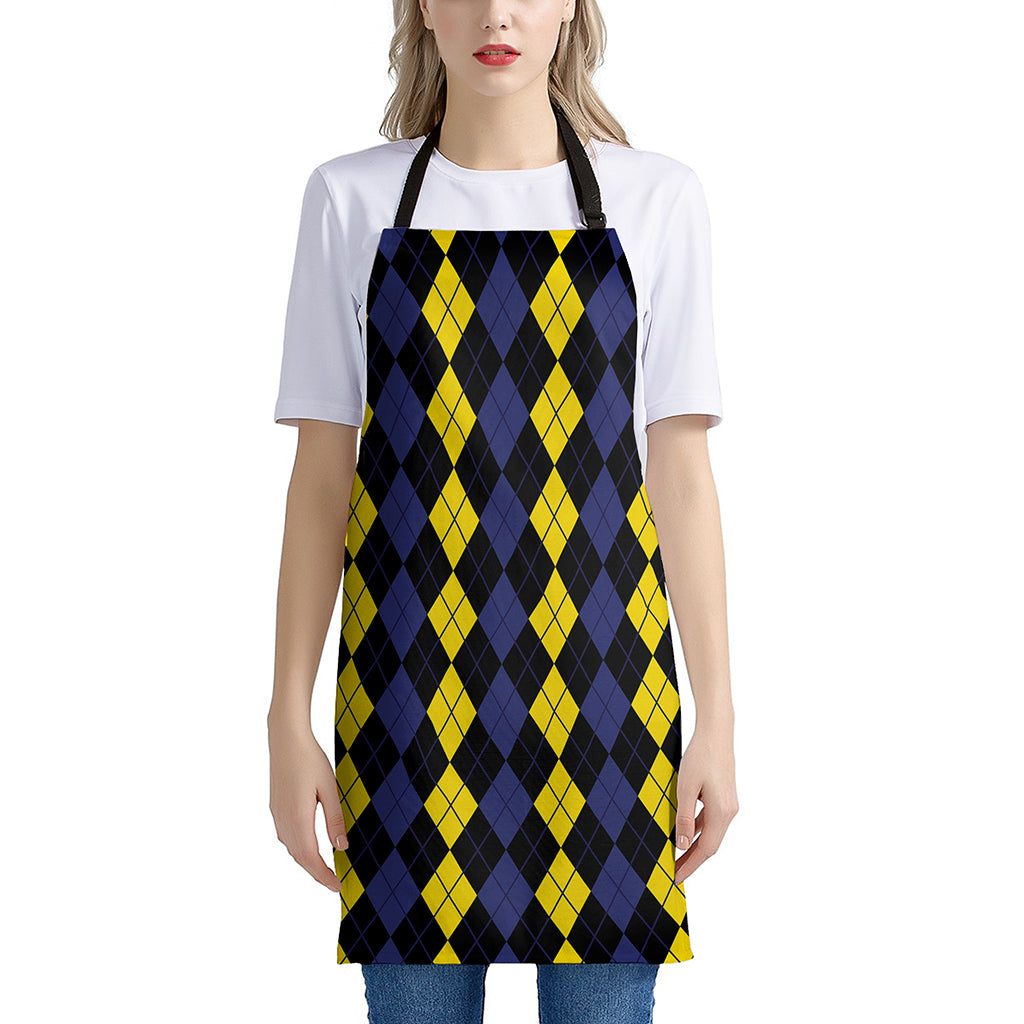 Yellow Black And Blue Argyle Print Apron