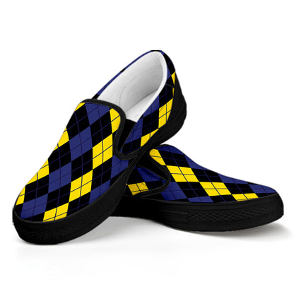 Yellow Black And Blue Argyle Print Black Slip On Shoes