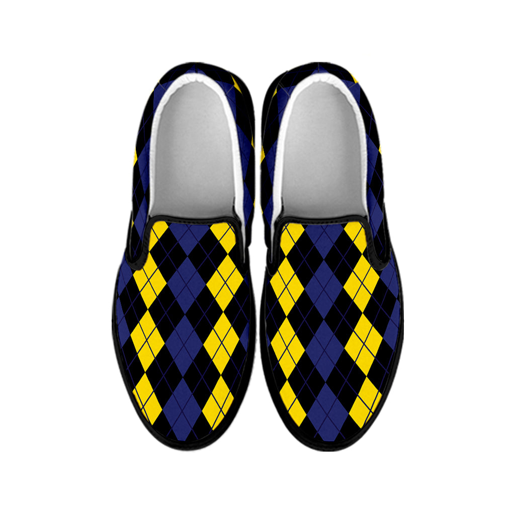 Yellow Black And Blue Argyle Print Black Slip On Shoes