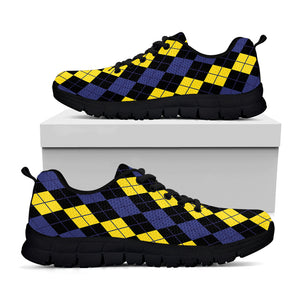 Yellow Black And Blue Argyle Print Black Sneakers