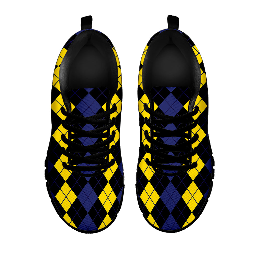 Yellow Black And Blue Argyle Print Black Sneakers