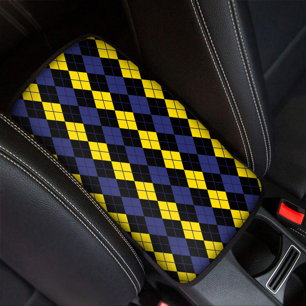 Yellow Black And Blue Argyle Print Car Center Console Cover