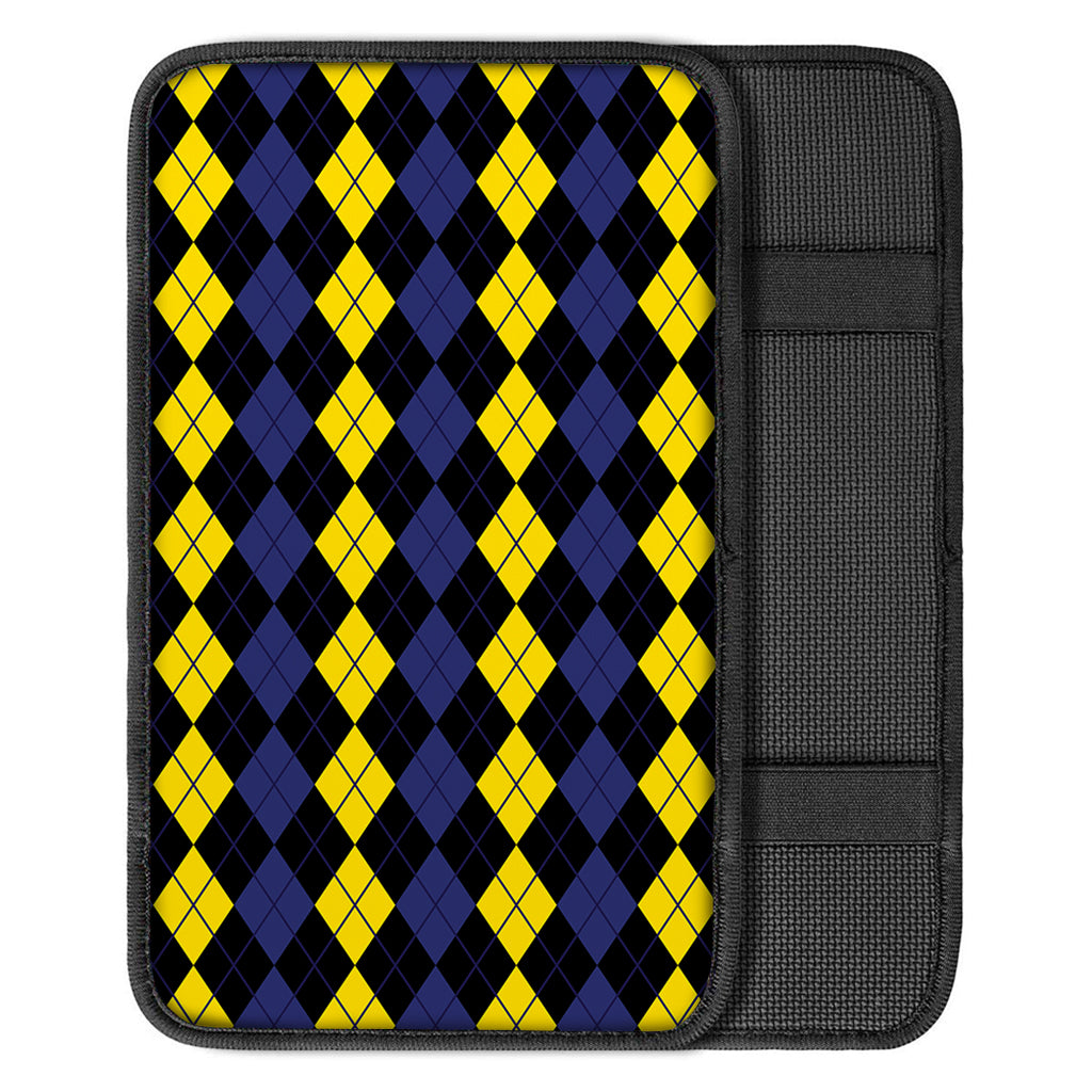 Yellow Black And Blue Argyle Print Car Center Console Cover