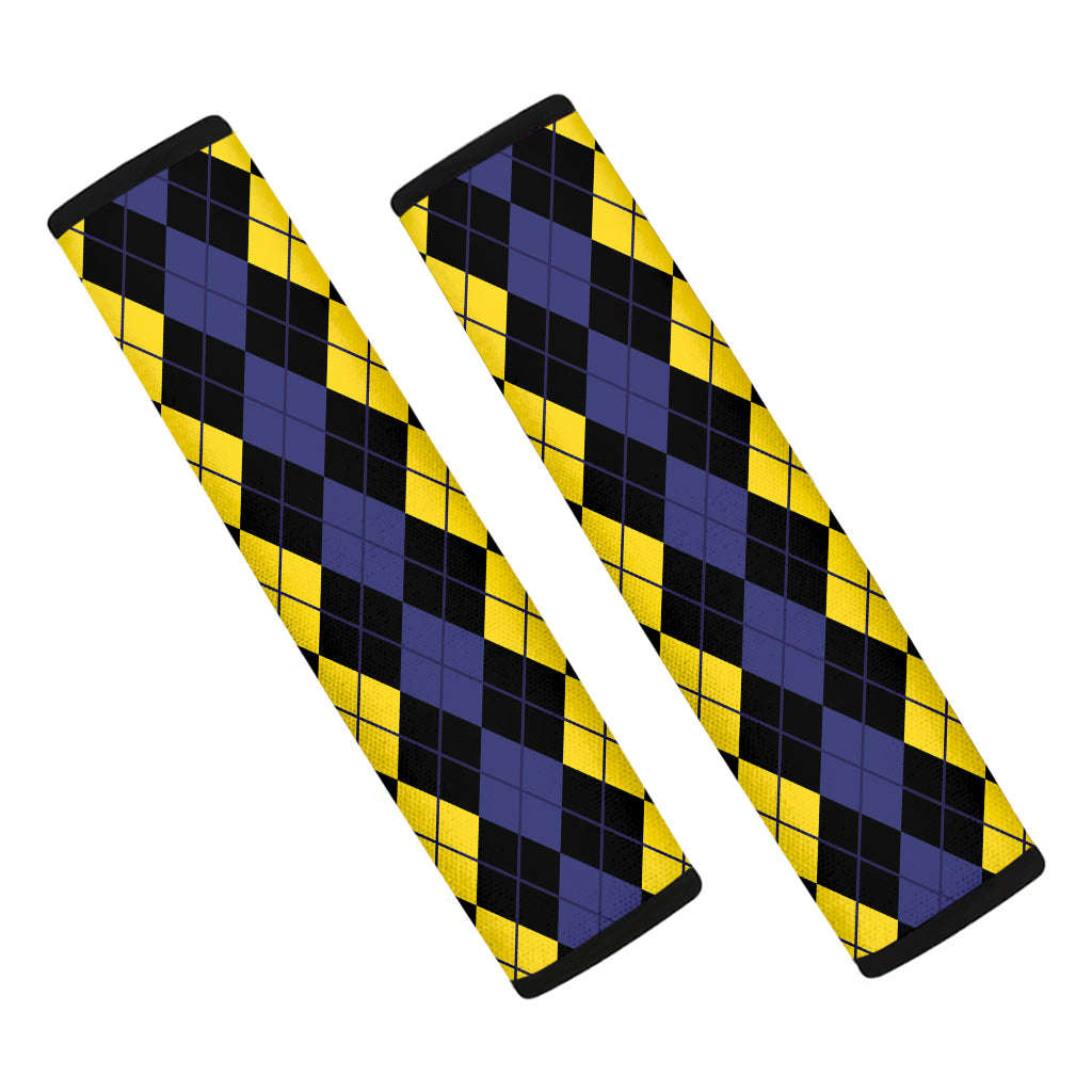 Yellow Black And Blue Argyle Print Car Seat Belt Covers