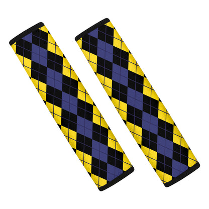 Yellow Black And Blue Argyle Print Car Seat Belt Covers