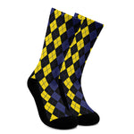 Yellow Black And Blue Argyle Print Crew Socks