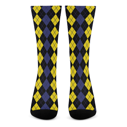 Yellow Black And Blue Argyle Print Crew Socks