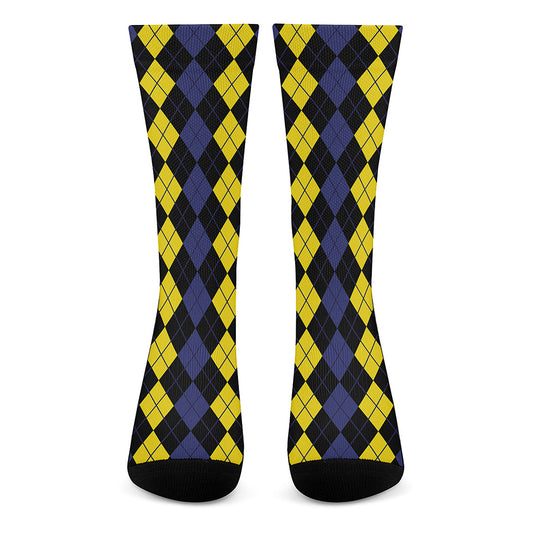 Yellow Black And Blue Argyle Print Crew Socks