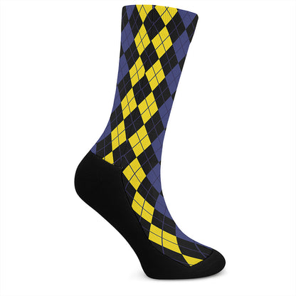 Yellow Black And Blue Argyle Print Crew Socks