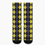 Yellow Black And Blue Argyle Print Crew Socks