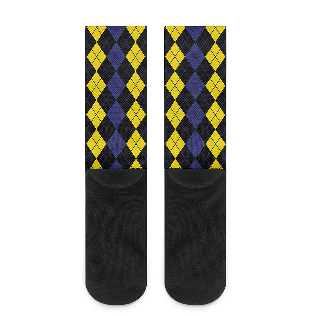 Yellow Black And Blue Argyle Print Crew Socks