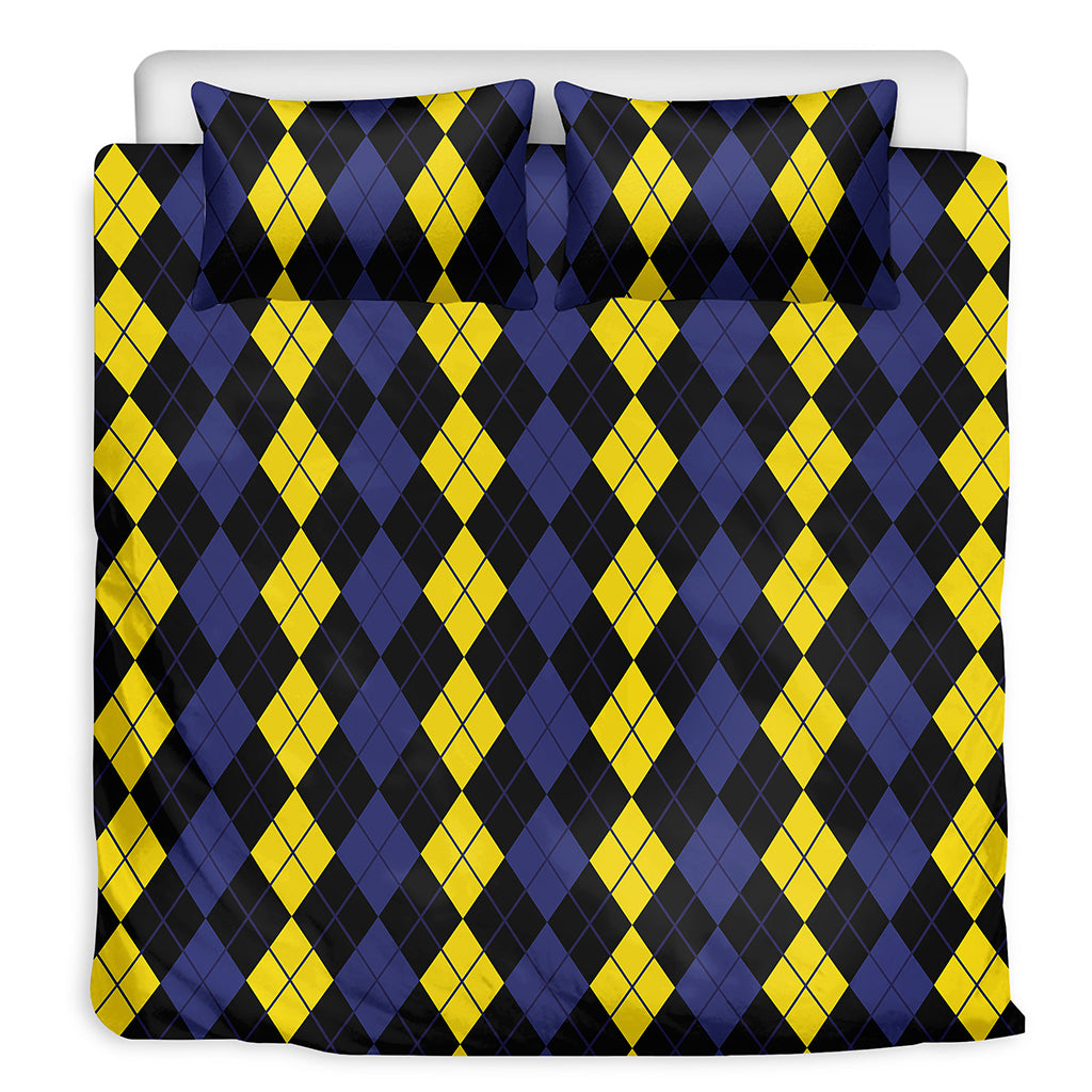 Yellow Black And Blue Argyle Print Duvet Cover Bedding Set