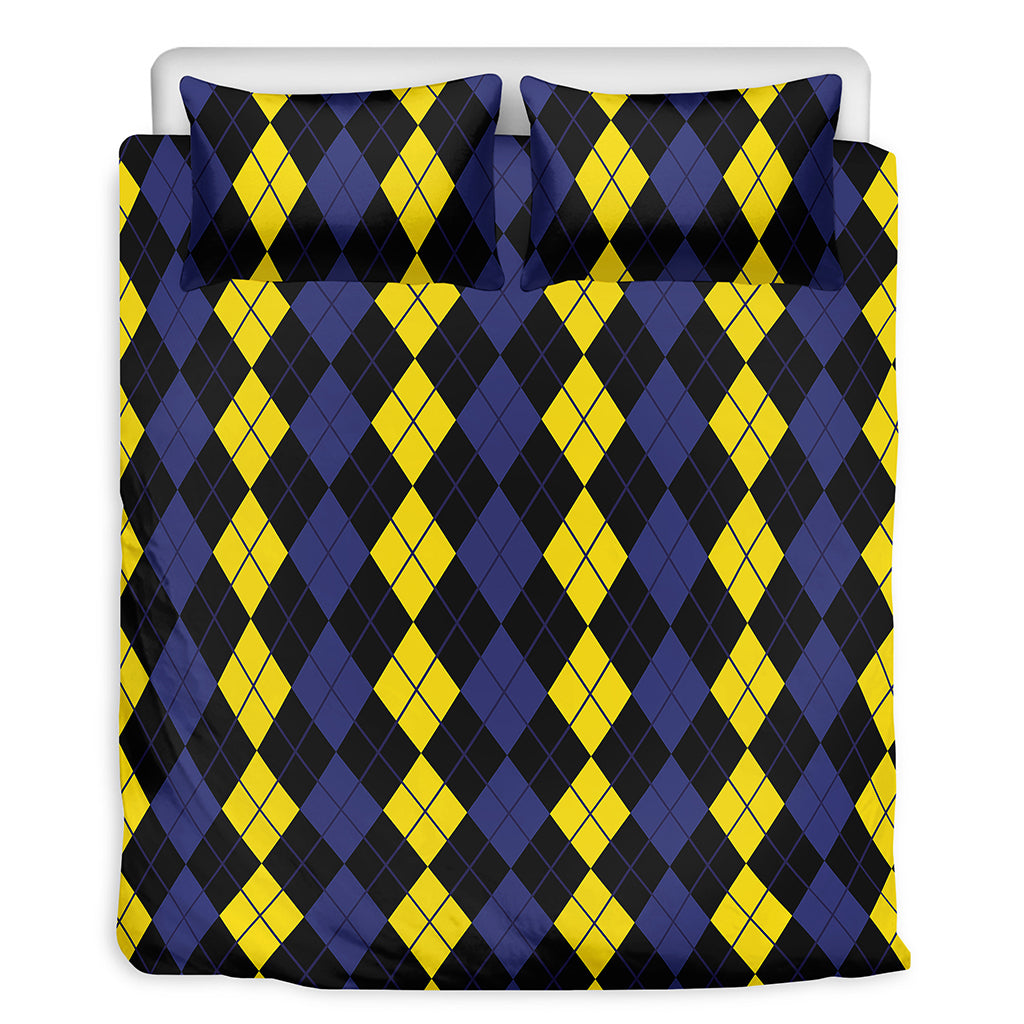 Yellow Black And Blue Argyle Print Duvet Cover Bedding Set