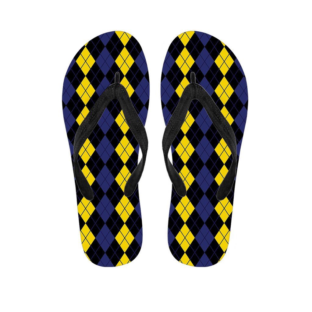 Yellow Black And Blue Argyle Print Flip Flops
