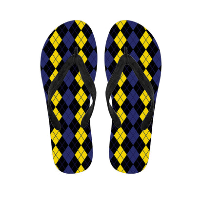 Yellow Black And Blue Argyle Print Flip Flops