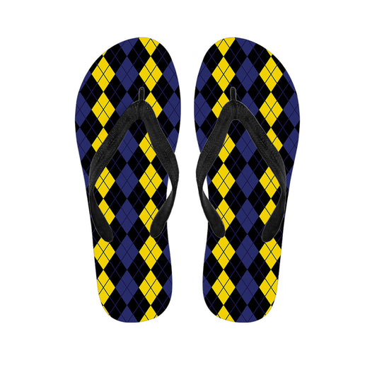Yellow Black And Blue Argyle Print Flip Flops