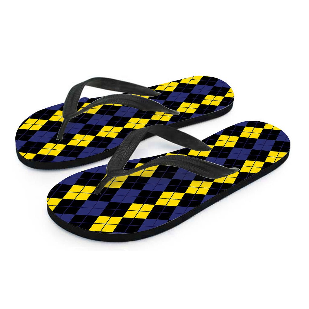 Yellow Black And Blue Argyle Print Flip Flops