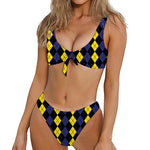 Yellow Black And Blue Argyle Print Front Bow Tie Bikini
