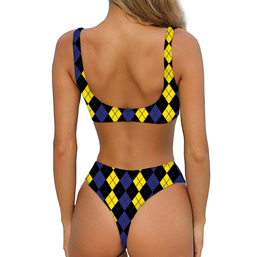 Yellow Black And Blue Argyle Print Front Bow Tie Bikini