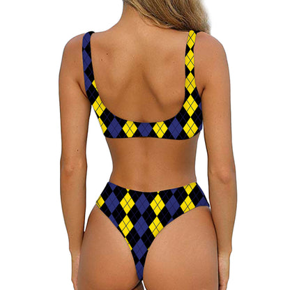 Yellow Black And Blue Argyle Print Front Bow Tie Bikini