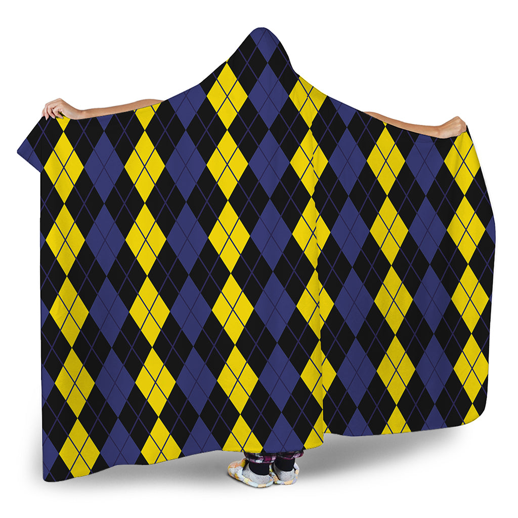 Yellow Black And Blue Argyle Print Hooded Blanket